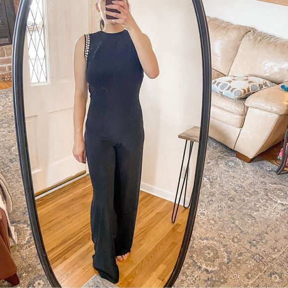 Norma Kamali Studded Open Back Stretch Jersey Jumpsuit Black - Picture 6 of 12